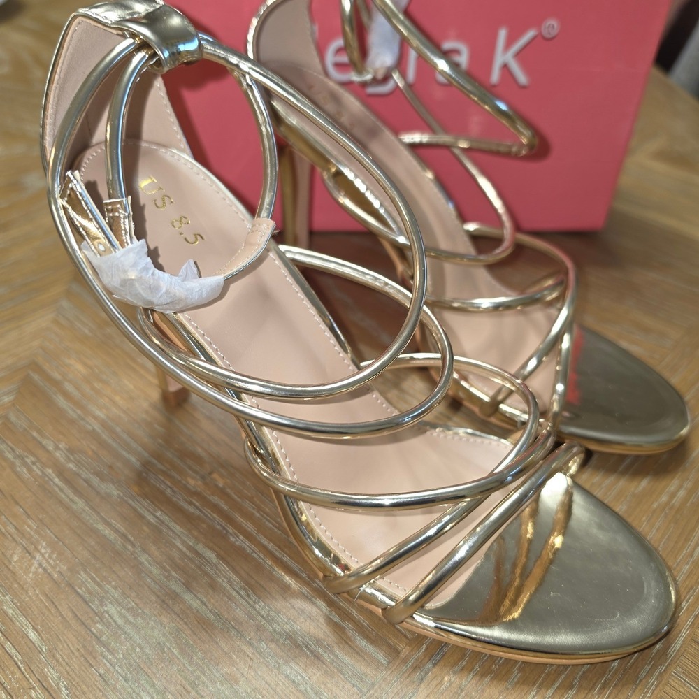 Allegra K Womens Gold Strappy Stiletto Heels Open Toe Sandals HJ8575-3 8.5